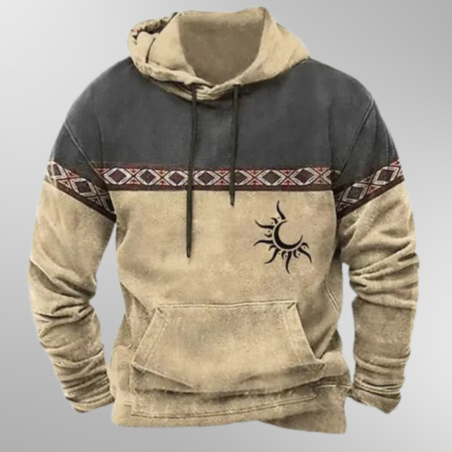 Casual stralende hoodie voor mannen met zon-en-maanmotief en etnische details.