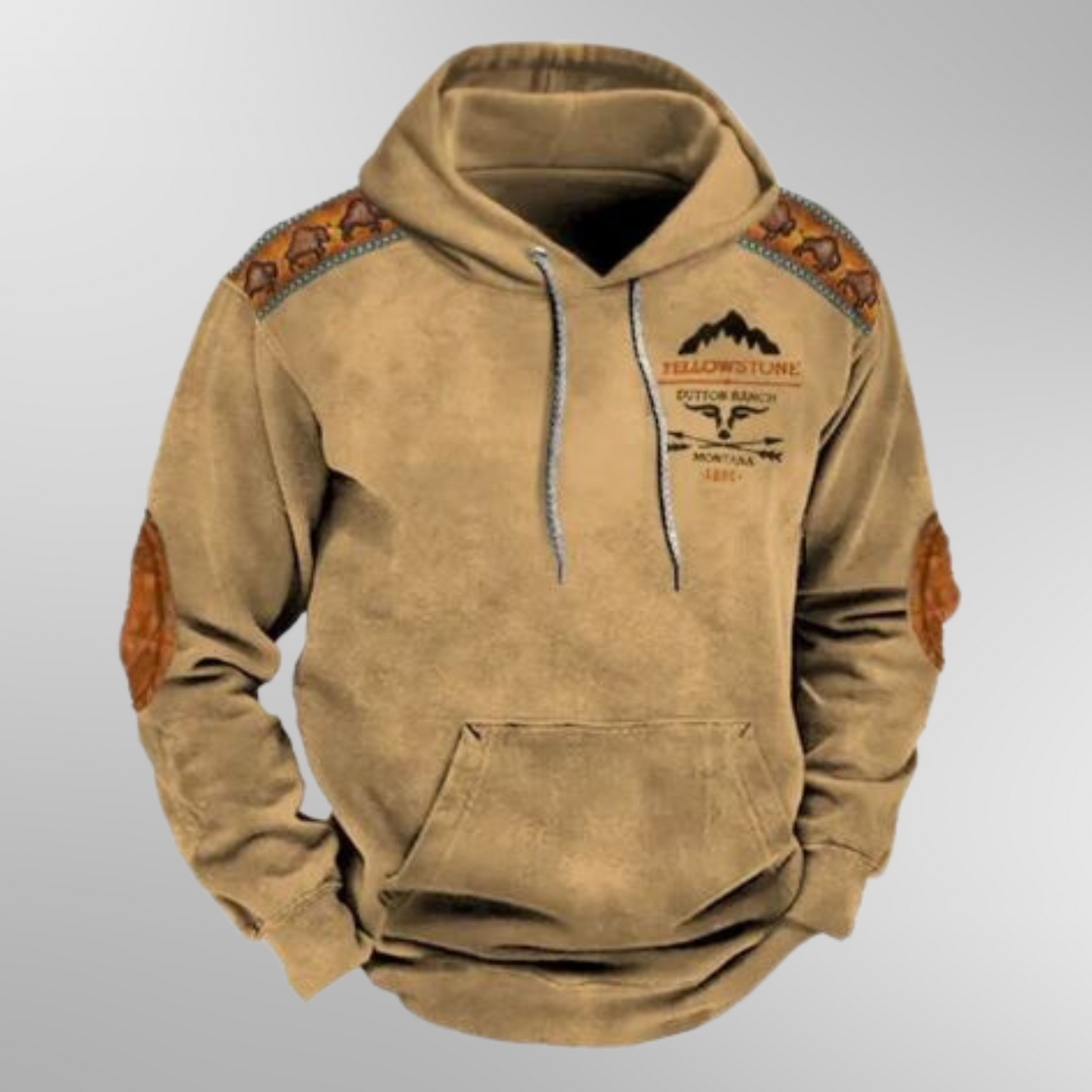 Casual stralende hoodie voor mannen met zon-en-maanmotief en etnische details.