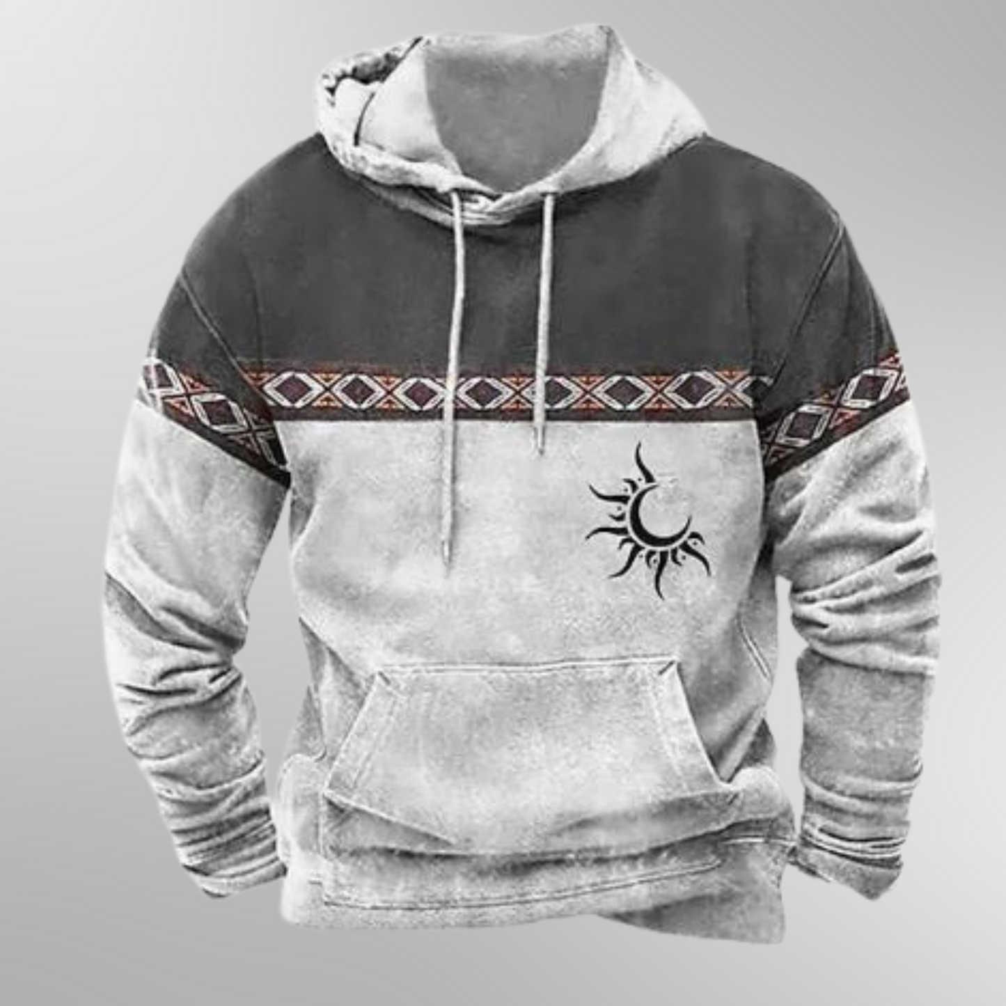 Casual stralende hoodie voor mannen met zon-en-maanmotief en etnische details.