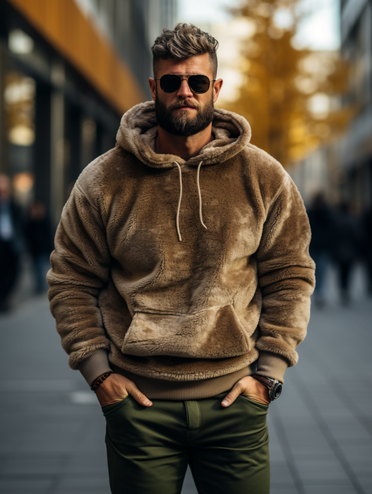 Zachte pluchen herenhoodie in bruin, perfect voor casual en stijlvolle winterlooks.